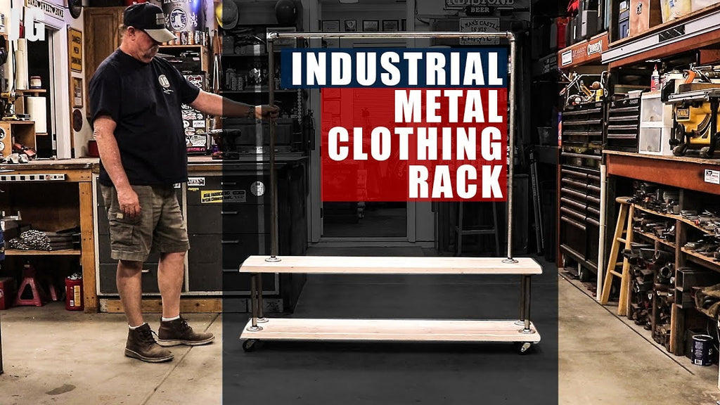 I made this rolling industrial metal clothing rack from some metal pipe fittings, frame and treated wood