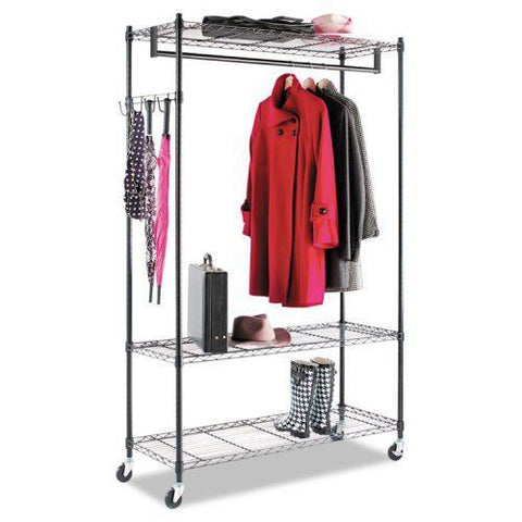 Alera® Wire Shelving Garment Rack, Coat Rack, Stand Alone Rack, Black Steel w/Casters