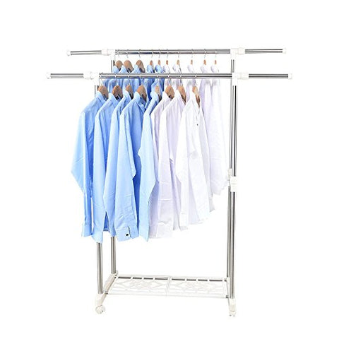 Adjustable Clothes Hanger, Rolling Floor Clothes Hanger, Double Clothes Rail, Storage And Shoe Stand, L101-150cm W40 H95-160cm, (Stainless Steel),White
