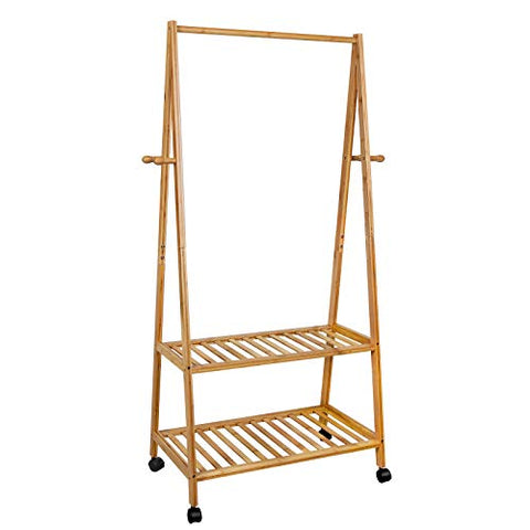 SONGMICS Clothes Rack on Wheels, Rolling Garment Rack with 2-Tier Storage Shelves, Hall Tree with 4 Coat Hooks for Shoes, Clothing, Bamboo URCR52N