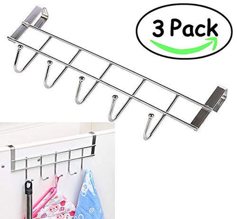 3 Packs Over The Cabinet Door Hooks, 5 Hooks Organizer Rack - Wardrobe Hanger - Kitchen Office Storage, Chrome Finish