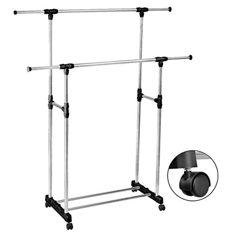 Classy Product Durable Double Adjustable Extendable Clothes Hanger Rack with Rolling Wheel