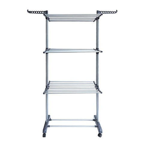 Comcastle 3-Tier Clothes Drying Rack with Heavy Duty 360 Degree Wheels, Double Pole Rail Rod Adjustable Clothes Rack Hanger Indoor Outdoor, Compact Storage