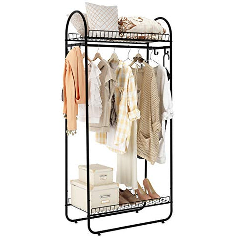 LANGRIA Compact Free-Standing Garment Rack Made of Sturdy Iron with Spacious Storage Space, 2 Shelves, 1 Clothes Hanging Rod, Heavy Duty Clothes Organizer for Bedroom, Entryway (Black)