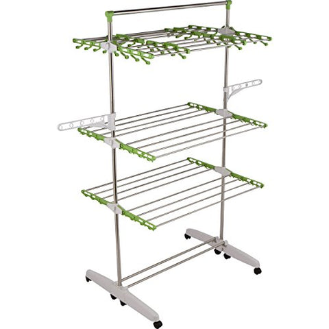 !iT Jeans High Capacity Heavy Duty 3-Tier Premium Clothes Drying Rack - Fully Adjustable Stainless Steel Racks - Foldable to 7" for Easy Storage - 8 Casters - Indoor & Outdoor