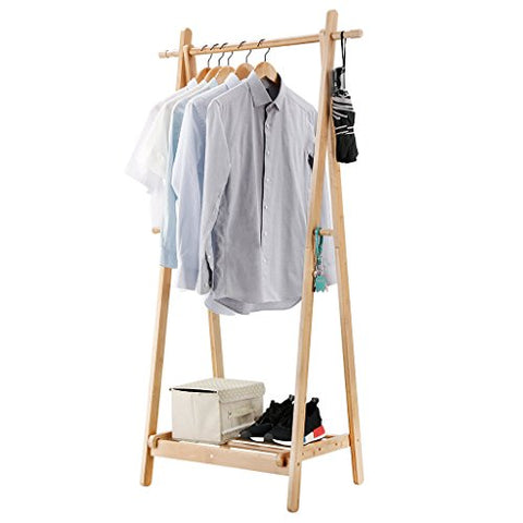 LANGRIA Foldable Bamboo Clothes Laundry Rack with 4 Side Hooks Lower Shoe Shelf for Extra Storage Space A-Frame Design Garment Stand, Bamboo Natural Color