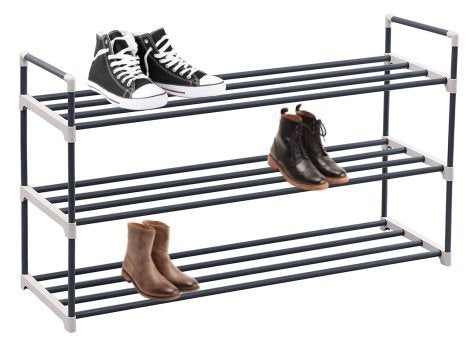 3-Tier shoe rack organizer storage bench stand for mens womens shoes closet with iron shelves that holds 15 pairs. Hot black shoe racks with three tiers metal shelf & easy assembly with no tools.