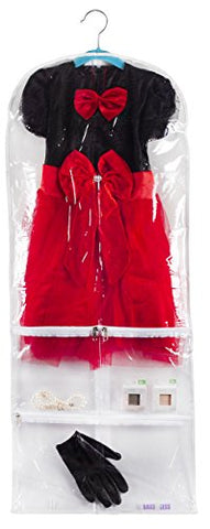 Bags for Less Children’s Garment Bag+ Kids Hanger – Store Clothing, Costumes, Dresses and Cosplay – 16”X40” Transparent Storage with 5 Pockets – Hold Dress Up Toys, Belts, Shoes & More