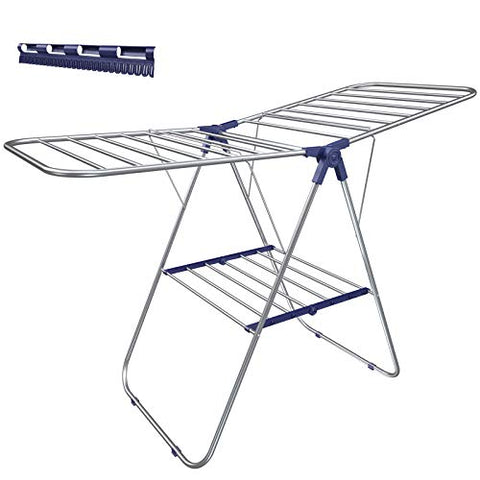 SONGMICS Clothes Drying Rack, with Bonus Sock Clips, Stainless Steel Gullwing Space-Saving Laundry Rack, Foldable for Easy Storage, Silver ULLR52BU