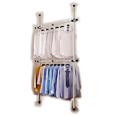 Goldcart 3202 Telescopic Garment Rack, Heavy Duty Design Movable DIY By Hand No Damage to Wall Ceiling Hanging Rail, 0.7-1.3 Meters Wide Adjustable, 120 Kilogram Loading, Reach Hook Included, White