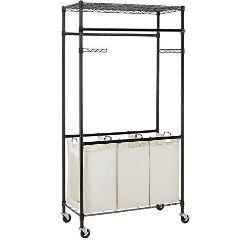 3 Compartment Laundry Sorter Hamper Heavy Duty Clothes Rack Hanging Rolling Laundry Cart with Wheels Rod Garment Rack Double Metal Height Adjustable Shelves Commercial Grade for Laundry room,Bronze
