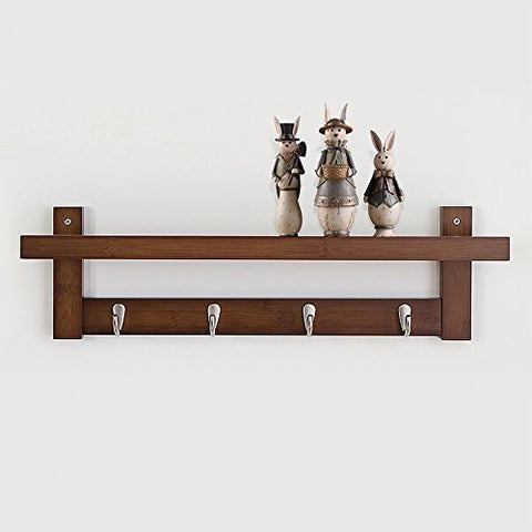 Coat Rack Bamboo Wall Mount Shelf Coat Hook Rack Unibody Construction with Alloy Hooks for Hallway Bedroom,Kitchen,Bathroom and Home Decoration,Brown,4Hook