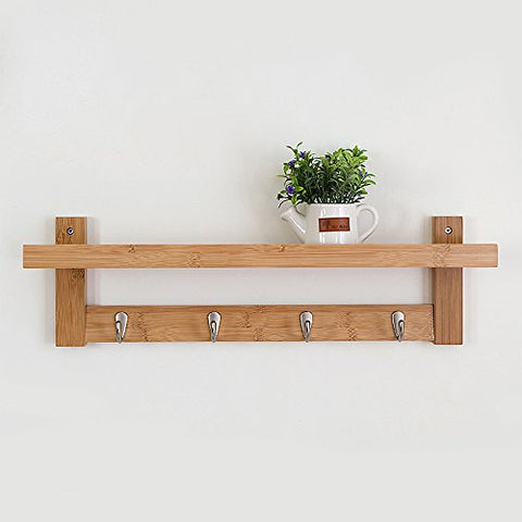 Coat Rack Bamboo Wall Mount Shelf Coat Hook Rack Unibody Construction with Alloy Hooks for Hallway Bedroom,Kitchen,Bathroom and Home Decoration,Natural,4Hook