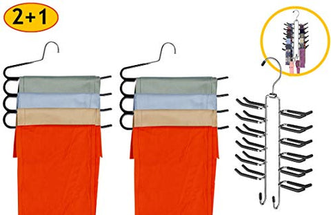 Frank Pressie Heavy Duty Pants Hangers Space Saving Non Slip Skirt Hanger Open Ended Pant Organizer Clothes and Multifunctional Tie Rack for Belts Pack of 3