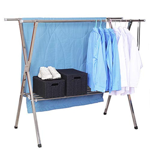Reliancer Heavy duty Large Stainless Steel Clothes Drying Rack Foldable Space Saving Retractable Rack Hanger From 55.2 to 78.8 inches w/Shoe Rack