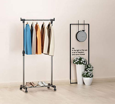 Dporticus Simple Portable Stainless Heavy Duty Single Rod Clothing Hanging Garment Rack with Wheels, Floor Drying Rack Adjustable for Bedroom Balcony