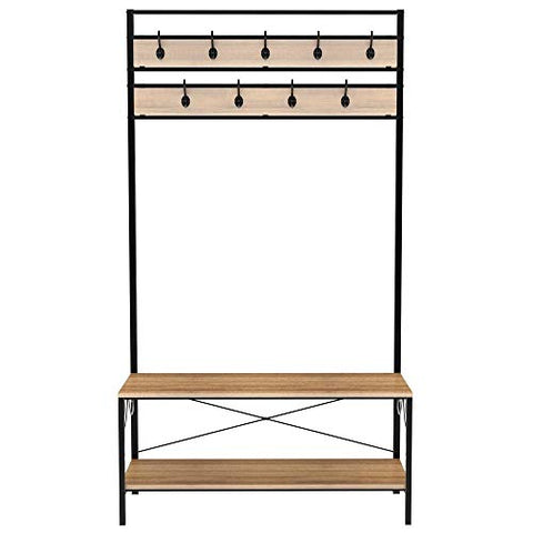 go2buy Coat Rack Shoe Bench, Hall Tree Entryway Storage Shelf, Black Iron Frame & Sandal Wood Board, Easy Assembly