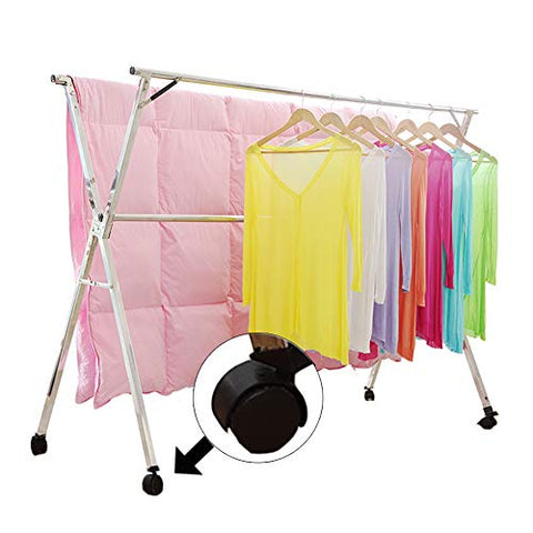 Gene Stainless Steel Clothes Laundry Drying Rack with Wheels Free Installed Foldable Space Saving Garment Rack Heavy Duty