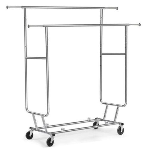 Commercial Chrome Double Rail Clothing Garment Rolling Collapsible Rack Hanger