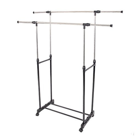 Binlin Clothing Rack,Dual-bar Vertical & Horizontal Stretching Stand Clothes Rack with Shoe Shelf YJ-04 Black & Silver