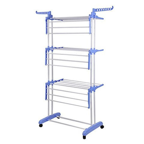 Garment Rack, Clothes Drying Rack 3 Tier Rolling Clothes Garment Rack Adjustable Laundry Rack Heavy Duty Clothes Racks with Foldable Wings Shape Indoor/Outdoor Standing Rack Hanging Rods (Blue)