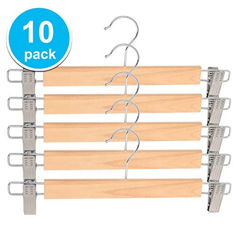 HKLIVE Wooden Pants Skirt Hangers Natural Finish with 2 Adjustable Ant Rust Clips, 10 Pack