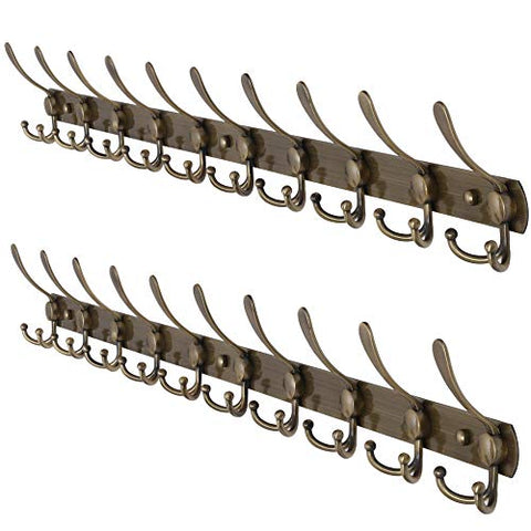 Dseap Wall Mounted Coat Rack - 10 Tri Hooks, 37-5/8" Long, 16" Hole to Hole - Heavy Duty Stainless Steel Coat Hook for Coat Hat Towel Robes Mudroom Bathroom Entryway (Bronze, 2 Packs)