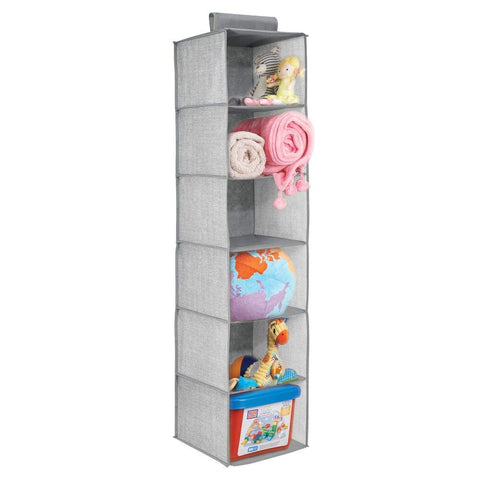 mDesign Long Soft Fabric Over Closet Rod Hanging Storage Organizer with 6 Shelves for Child/Kids Room or Nursery - Textured Print - Gray