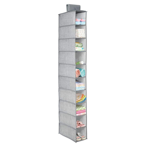 mDesign Soft Fabric Over Closet Rod Hanging Storage Organizer with 10 Shelves for Child/Kids Room or Nursery, Holds Wipes, Diapers, Blankets, Shoes - Textured Print - Gray