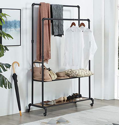 Homissue 72 Inch Industrial Pipe Double Rail Hall Tree with Shoe Storage on Wheel, 2 Shelf Rolling Clothes Rack Organizer with 2 Hanging Rod for Garment Storage Display, Vintage Brown