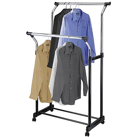 Double Rod Height Adjustable Clothes Rack, Rolling Garment Bars, Chrome Plated - Made in Taiwan