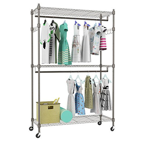 Kemanner Heavy Duty Rolling Garment Rack 3-Tiers Wire Shelving W/Double Rods & Lockable Wheels & 1 Pair Side Hooks - Hold Up to 400Lbs (Gray)
