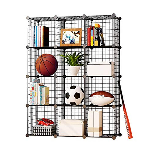 KOUSI Storage Cube Organizer Stackable Cubes for Storage Cubby Unit Wire Bookshelf, Black (12 Cubes)