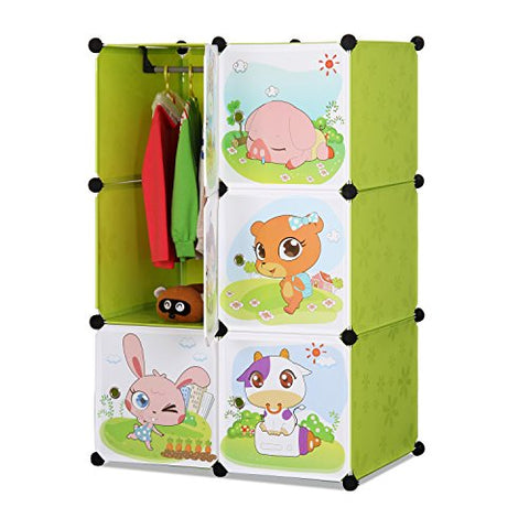 ALEKO SCAB04GR Whimsical Children's 6 Cube Interlocking Multipurpose Animal Themed Storage Organizer with Garment Rack in Green