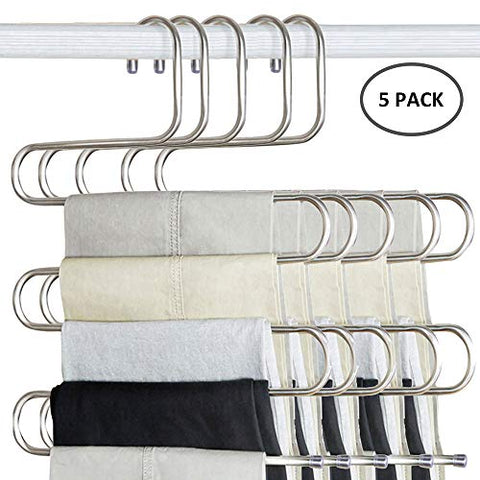 Forestking S Type Pants Hanger,Multi-Purpose 5 Layers Stainless Steel Pant Rack Space Saver Hangers Clothes Organizer for Trousers Towels Scarf and Tie