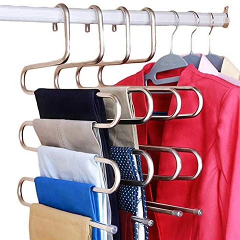 CmfwaMedsr S-Type Stainless Trousers Hanger,5 Layers Multipurpose Magic Space Saver Closet Storage for Towel Scarf Ties Belts Jeans-A 3 Pack