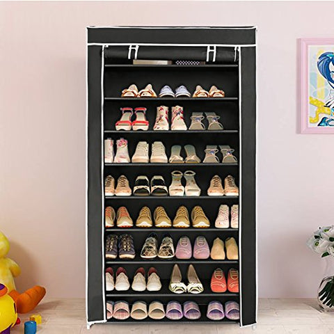 Blissun 10 Tiers Shoe Rack Shoe Storage Organizer Cabinet Tower with Non-Woven Fabric Cover (Black)