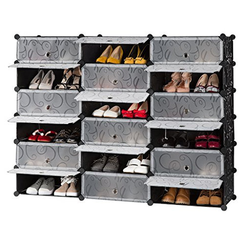 LANGRIA 18-Cube DIY Shoe Rack, Storage Drawer Unit Multi Use Modular Organizer Plastic Cabinet with Doors, Black and White Curly Pattern