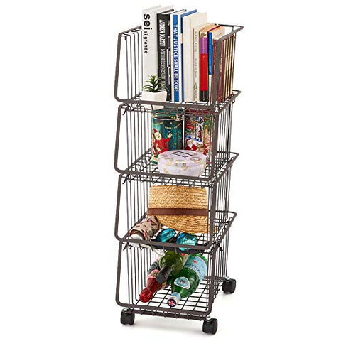 EZOWare 4-Tier Metal Utility Rack Shelves, Stackable Baskets Organizer Bins Rolling Metal Cart for Kitchen Pantry Office Garage