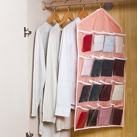 16 grids Foldable Wardrobe Hanging Bag Socks Briefs Organizer Clothing Hanger Closet Shoes Underpants Storage Bag (PINK)