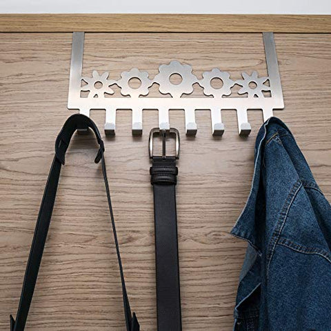 FlowerBear Over The Door Hook Organizer Rack Storage Multi 8 Hanger Wall Mount Coats Hats Robes Clothes Towels Belt Accessory Stainless Steel Chrome Aluminum