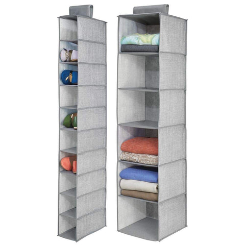 mDesign Fabric Over Rod Hanging Closet Storage Organizers, Includes a Wide 6-Shelf Sweater Organizer, and a Narrow 10-Shelf Shoe Rack - Textured Print - Set of 2 - Gray