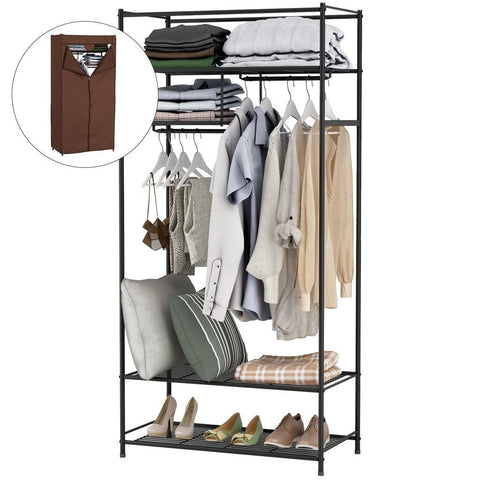 LANGRIA Heavy-Duty Zip Up Closet Shoe Organizer with Detachable Brown Cloth Cover Wardrobe Metal Storage Clothes Rack Armoire with 4 Shelves and 2 Hanging Rods Max Load 463 lbs.