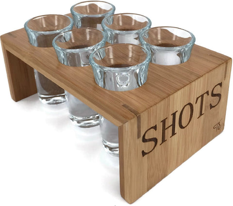 Shot Glass Set (6 Glasses) in Stylish Vintage Bamboo Shot Glass Holder – 1 Ounce Glasses – Glassware and Shot Stand – Professional Look – Pro Or Amateur Bartenders – Best Gift Ideas (Crystal Clear)