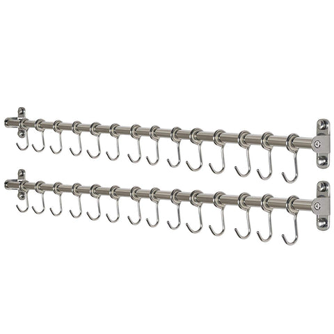 WEBI Kitchen Sliding Hooks, Solid Stainless Steel Hanging Rack Rail with 14 Utensil Removable S Hooks for Towel, Pot Pan, Spoon, Loofah, Bathrobe, Wall Mounted,2 Packs