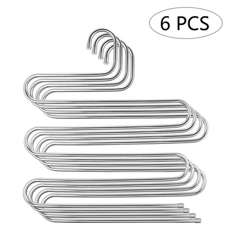 6 Pack Pants Hangers, S-Type Closet Organizer & Stainless Steel Multi Layers Magic Hanger, Space Saver Clothes Rack, Tiered Hanging Storage for Jeans, Scarf, Skirt - (14.17 x 14.96 Inch)