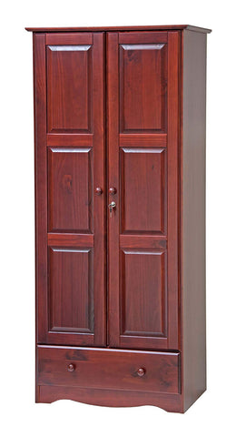 100% Solid Wood Flexible Wardrobe/Armoire/Closet by Palace Imports, Mahogany Color, 32" W x 72" H x 21" D. 1 Shelf, 1 Clothing Rod, 1 Drawer, 1 Lock Included. Additional Shelves Sold Separately.