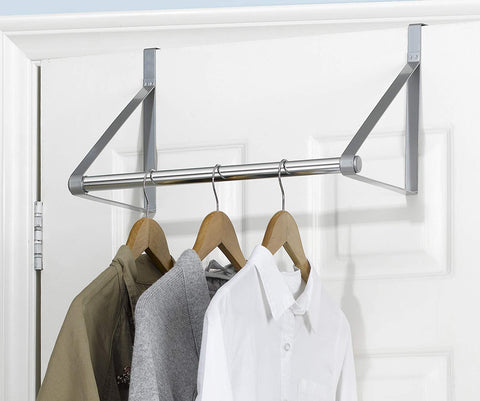 Finnhomy Heavy-Duty Over The Door Hanger Rod Organizer for Coat, Closet Rod with Hanging Bar, Towels Holder Brush Finish (Silver)