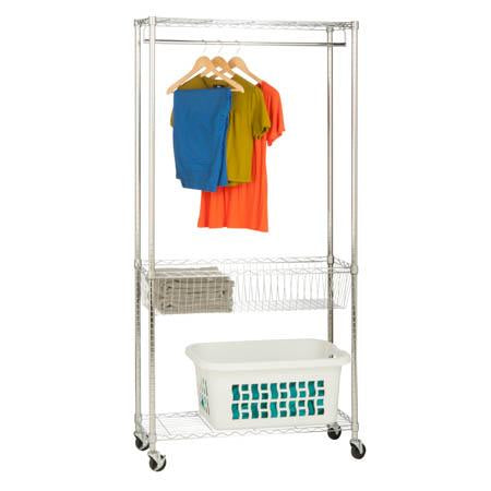 Rolling Laundry Clothes Rack with Shelves, Chrome