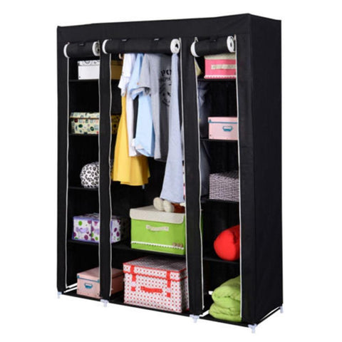 Portable Closet Wardrobe Black Steel & Non-Woven Fabrics 53" Clothes Rack Storage Organizer With Shelves